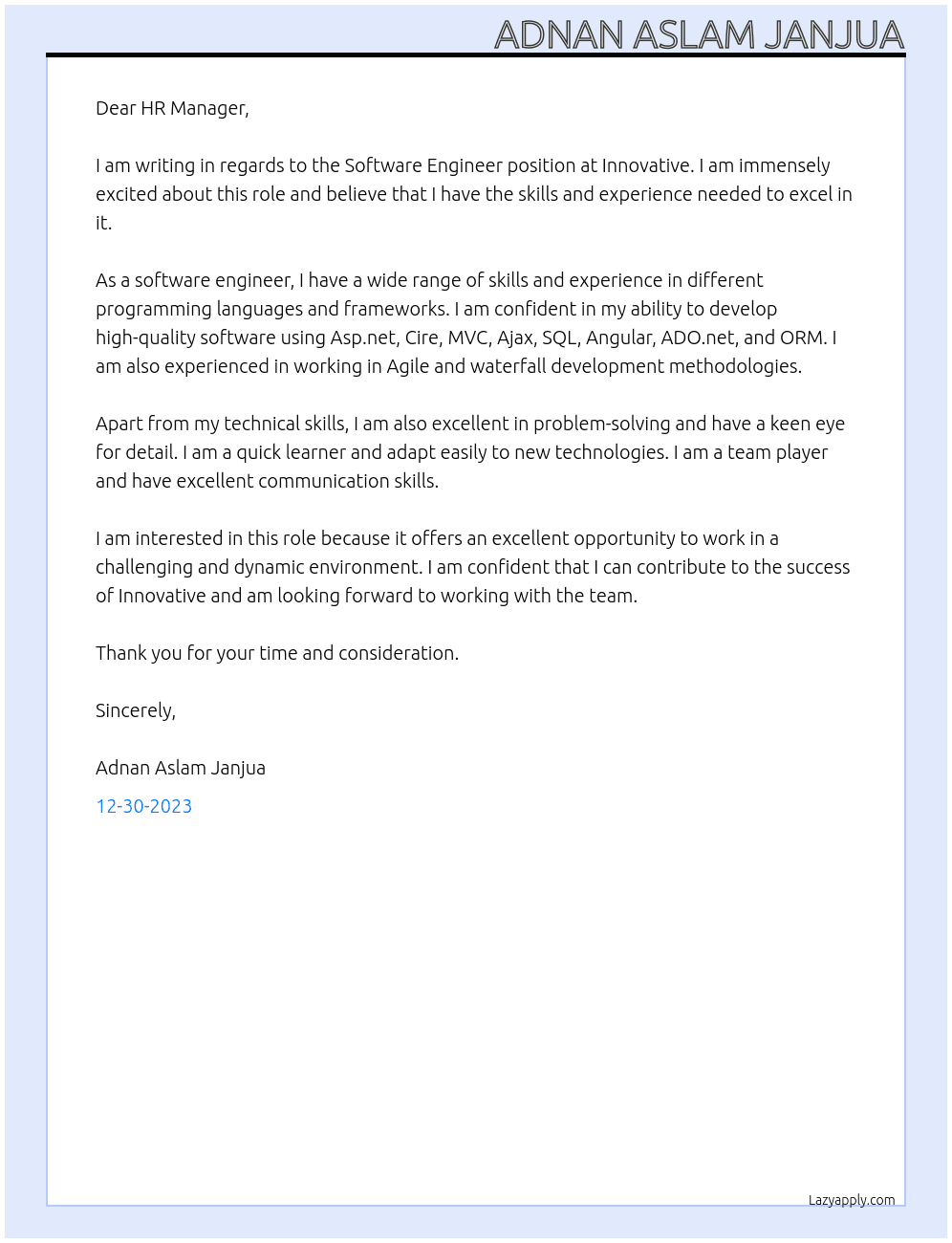 Software Engineer At Innovative Cover Letter