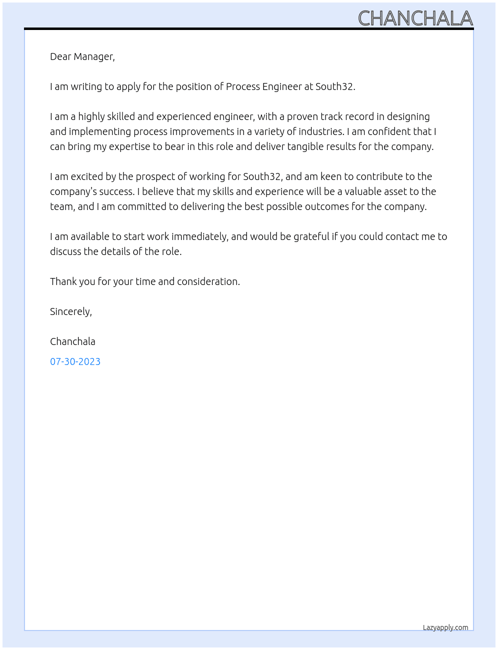 Process engineer At South32 Cover Letter