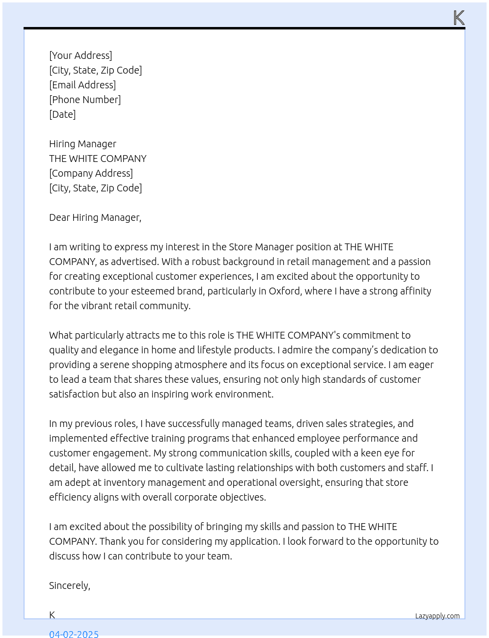 STORE MANAGER At THE WHITE COMPANY Cover Letter