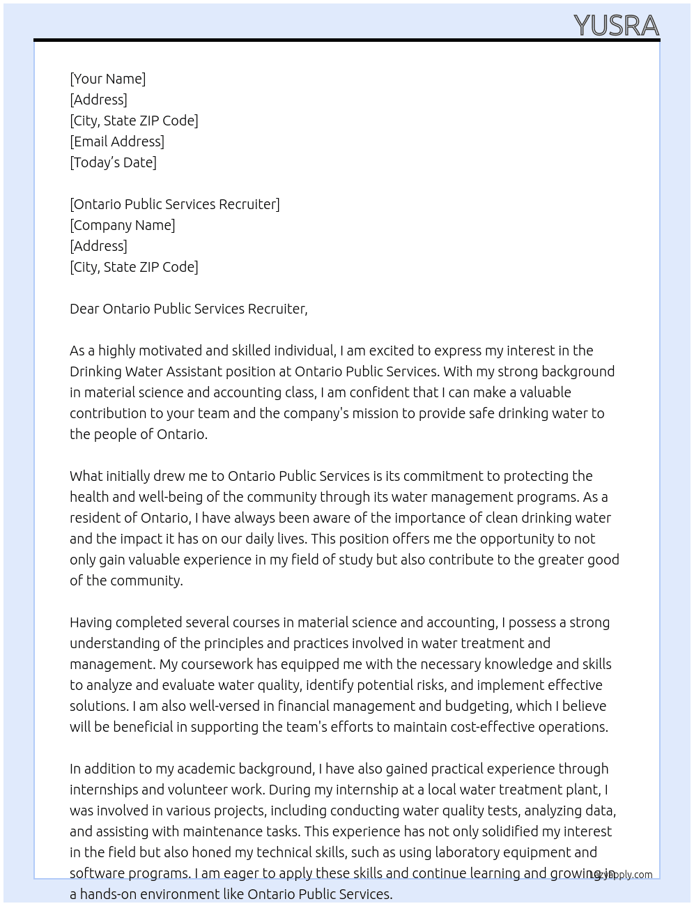 Drinking Water Assistant At Ontario Public Services Cover Letter