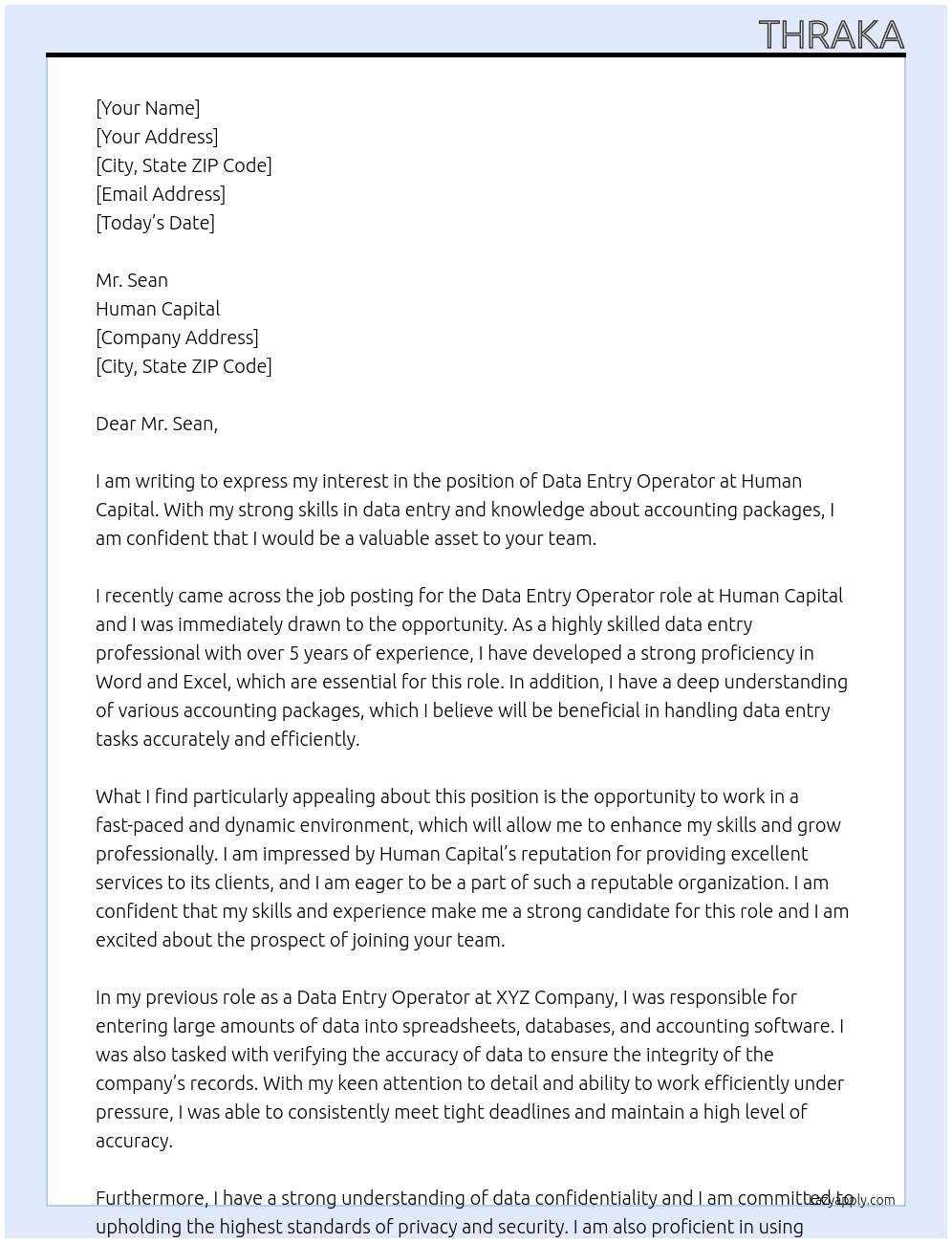 DATA ENTRY OPARATER  At Human capital Cover Letter