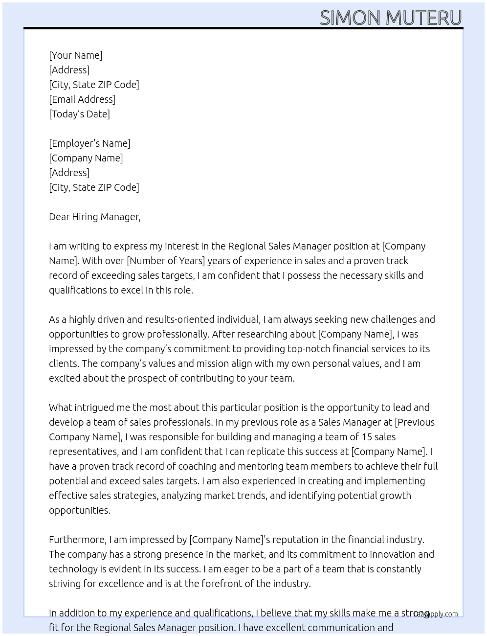 Regional Sales Manager At FINANCIAL INSTITUTION Cover Letter