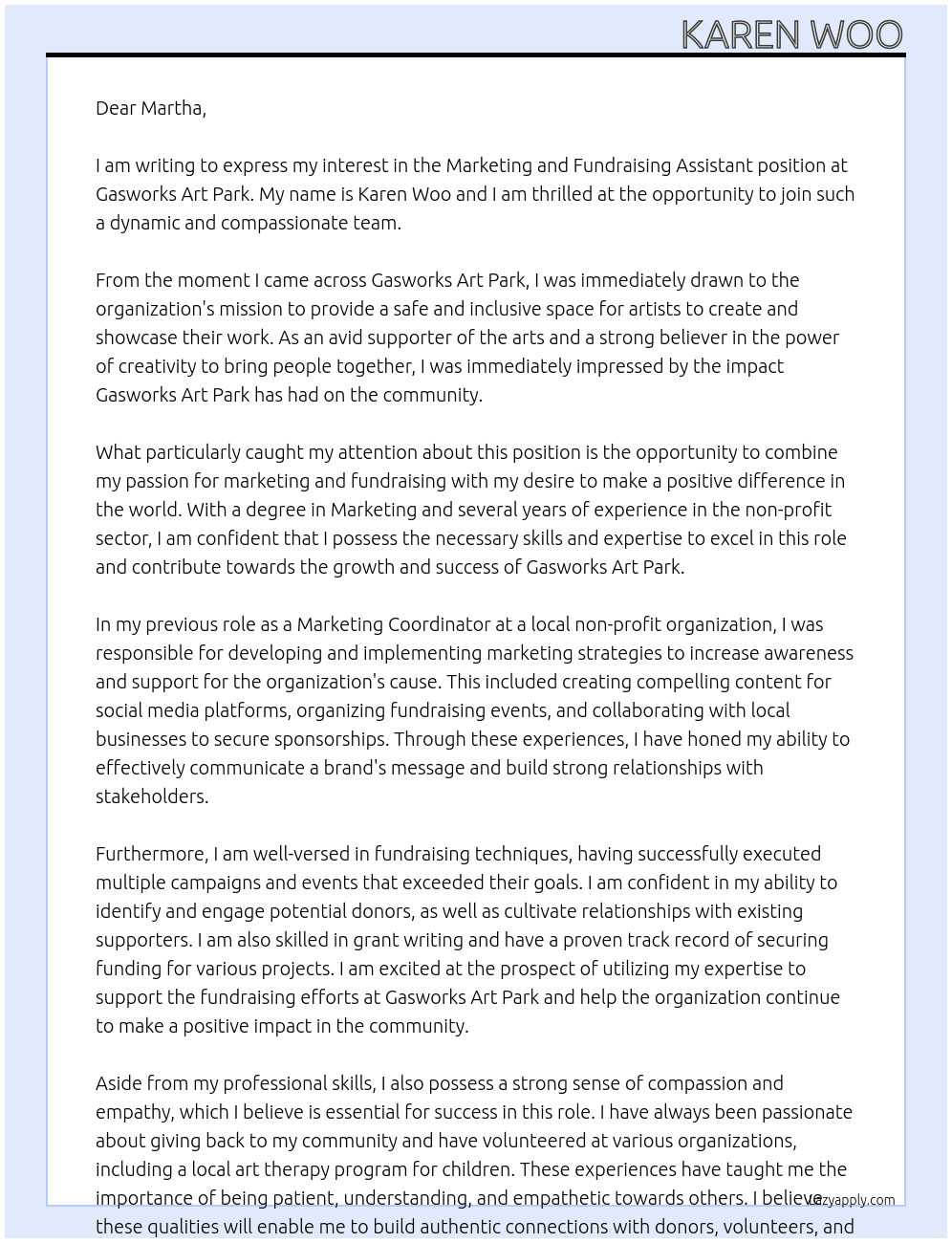 Marketing and Fundraising Assistant At Gasworks Art Park Cover Letter