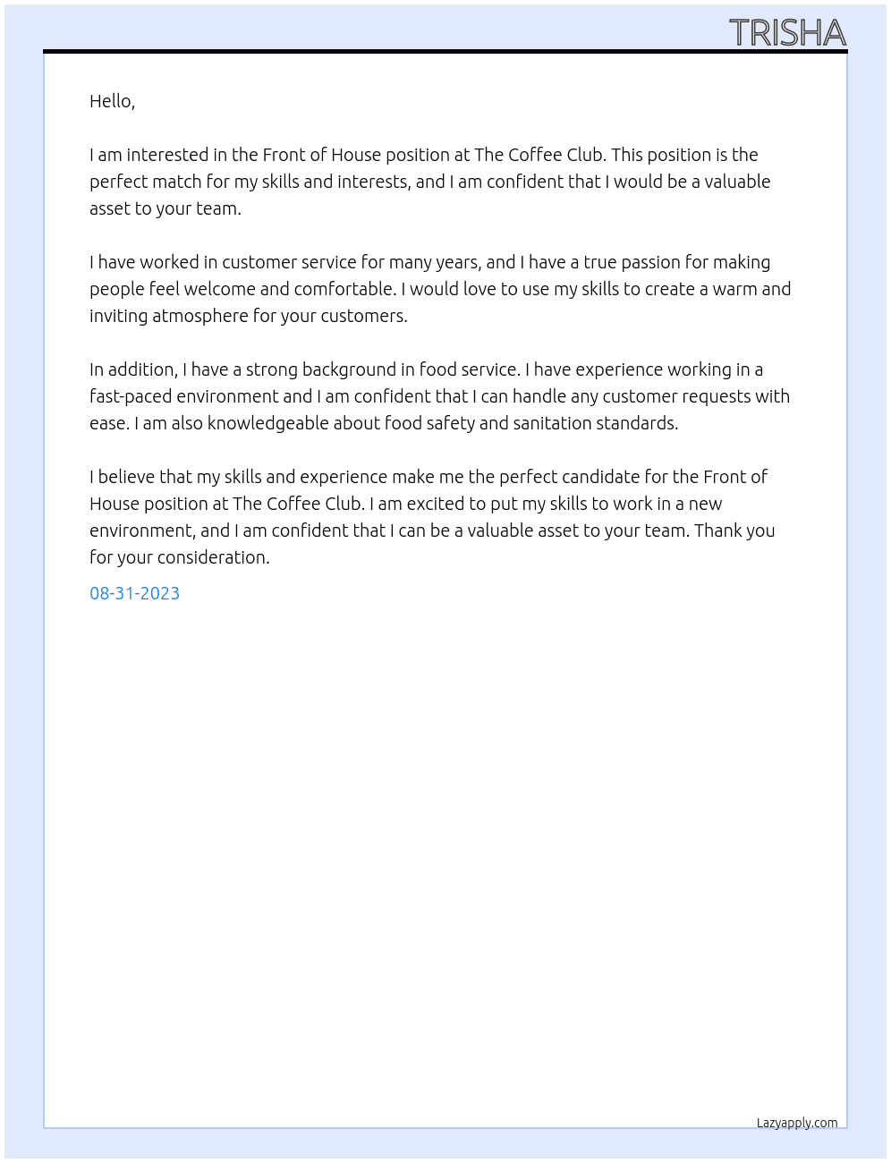 Front of house  At The Coffee club Cover Letter
