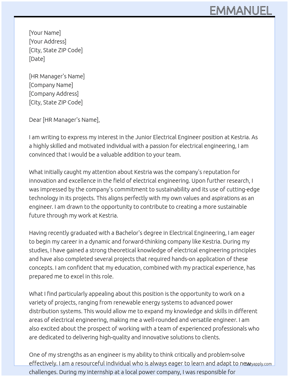 Junior Electrical Engineer  At Kestria  Cover Letter