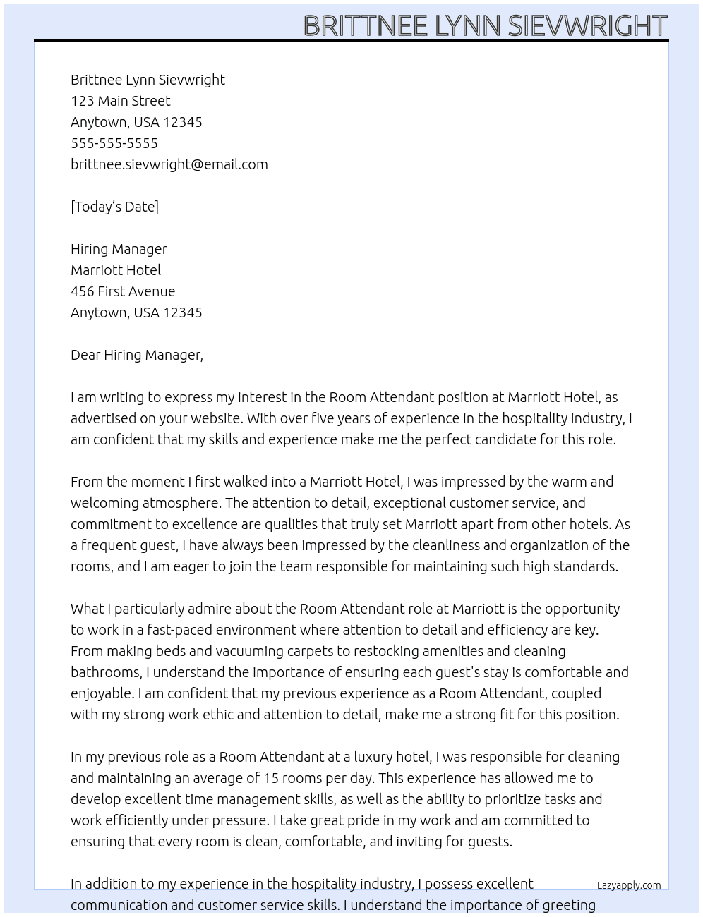 Room Attendant  At Marriott Hotel Cover Letter