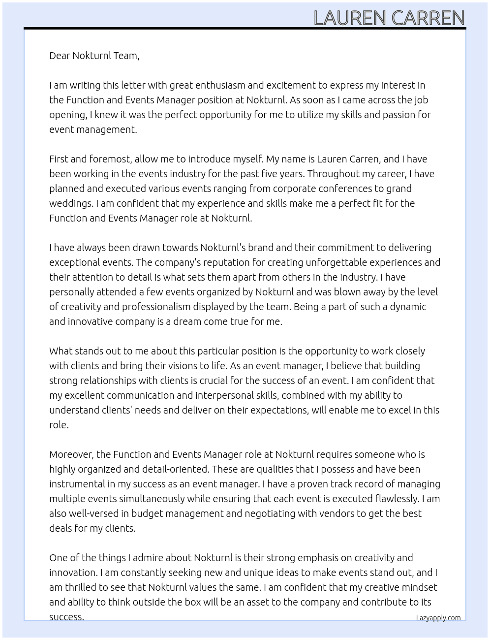 Cover letter for function and events manager - LazyApply