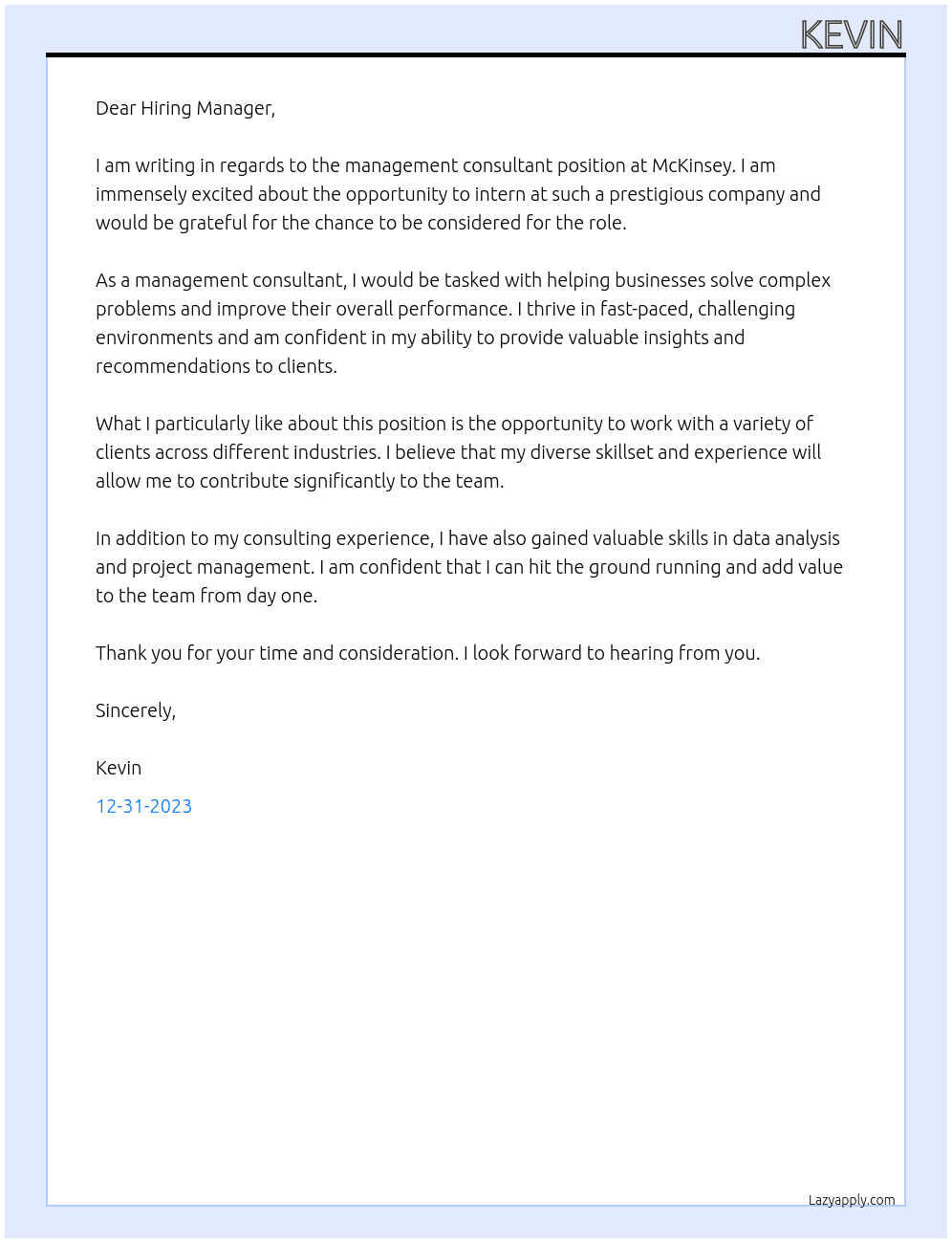 management consultant At McKInsey Cover Letter