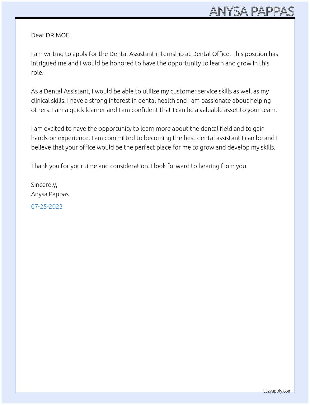 Dental Assistant  At Dental Office  Cover Letter