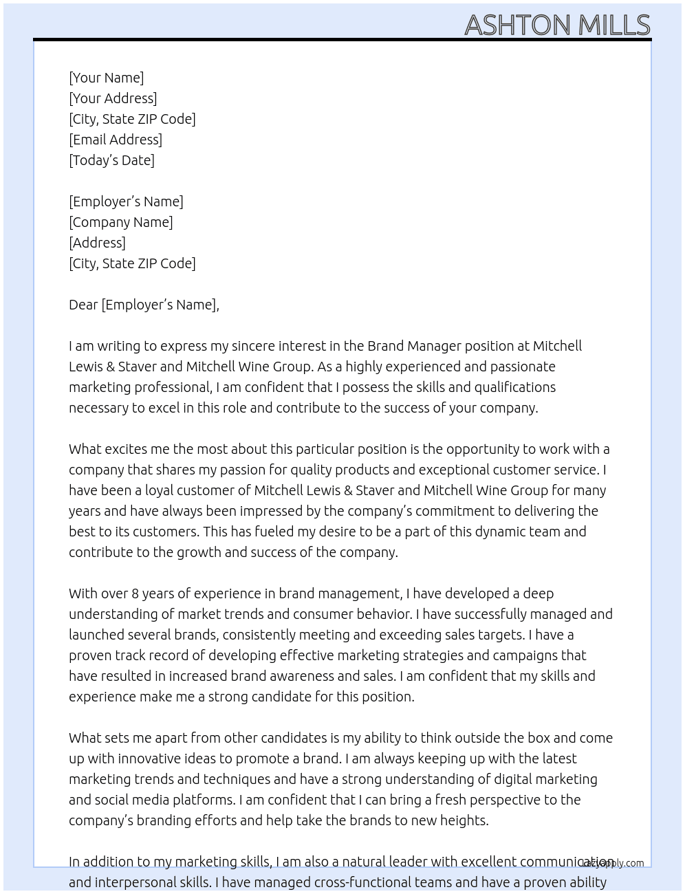 Brand Manager At Mitchell Lewis & Staver and Mitchell Wine Group Cover Letter
