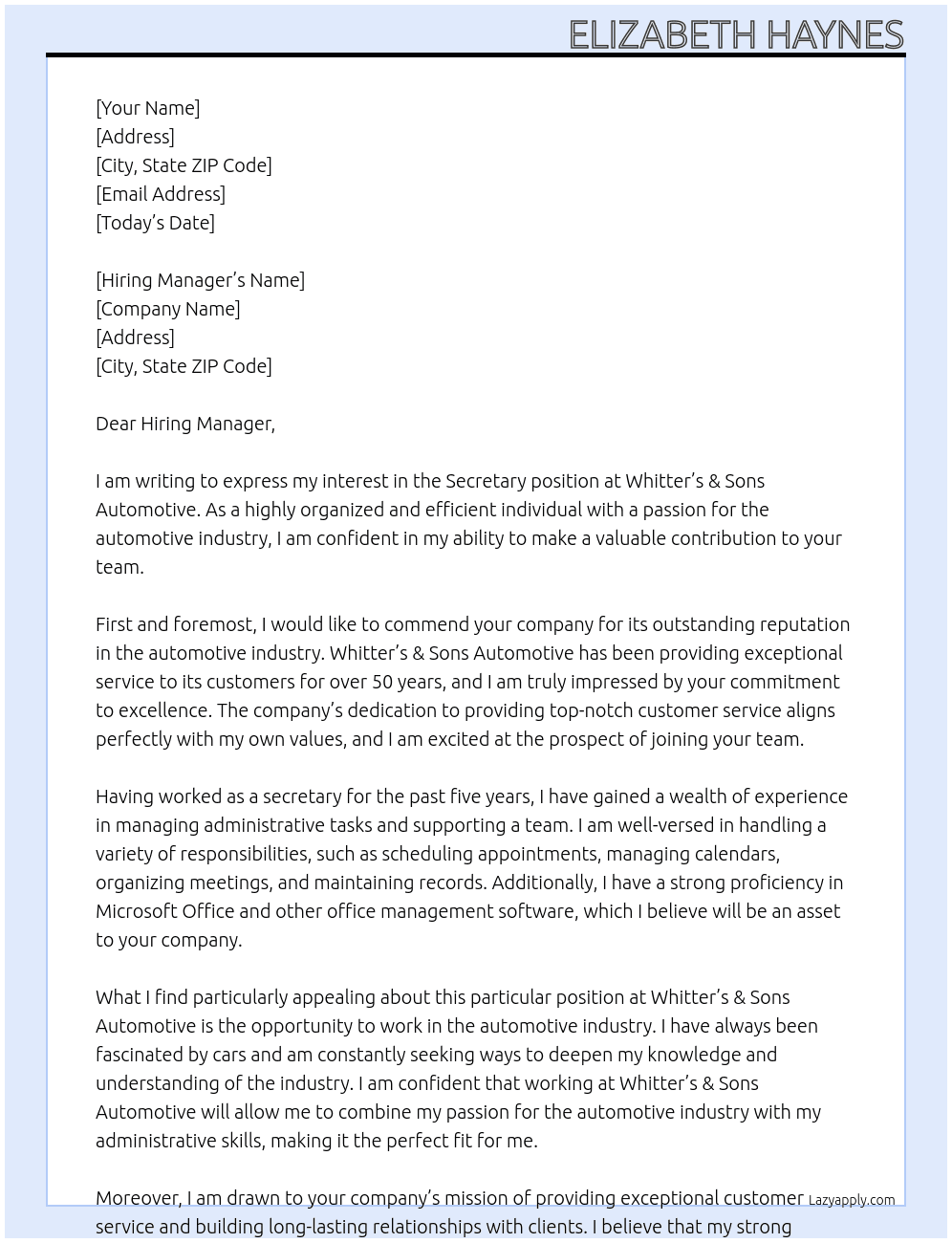 Secretary At Whitter’s & Sons AutomotivE Cover Letter