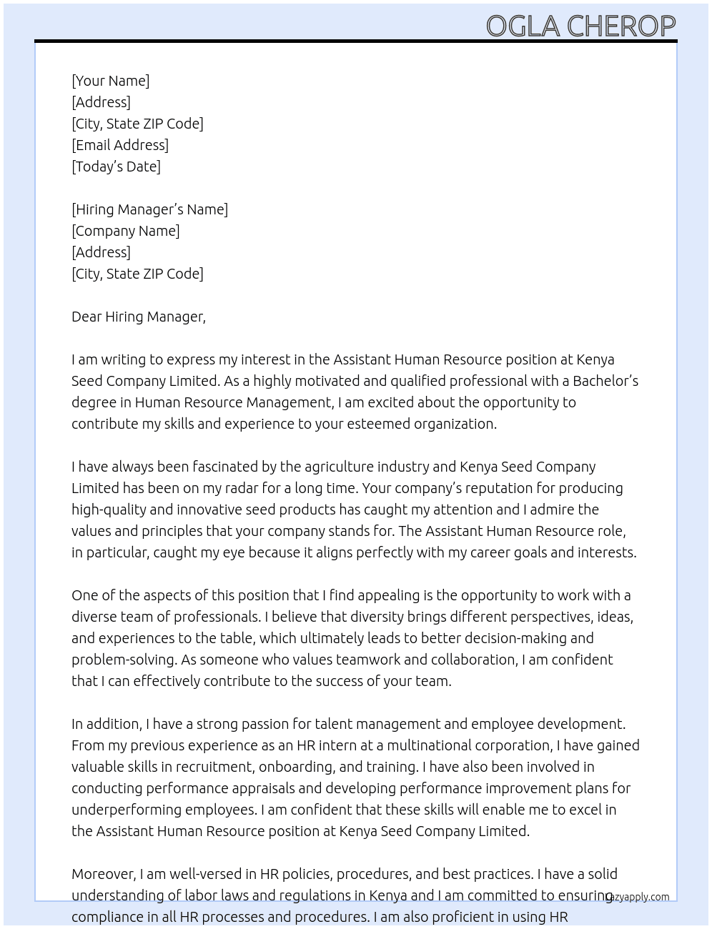 Assistant Human Resource At Kenya seed company limited Cover Letter