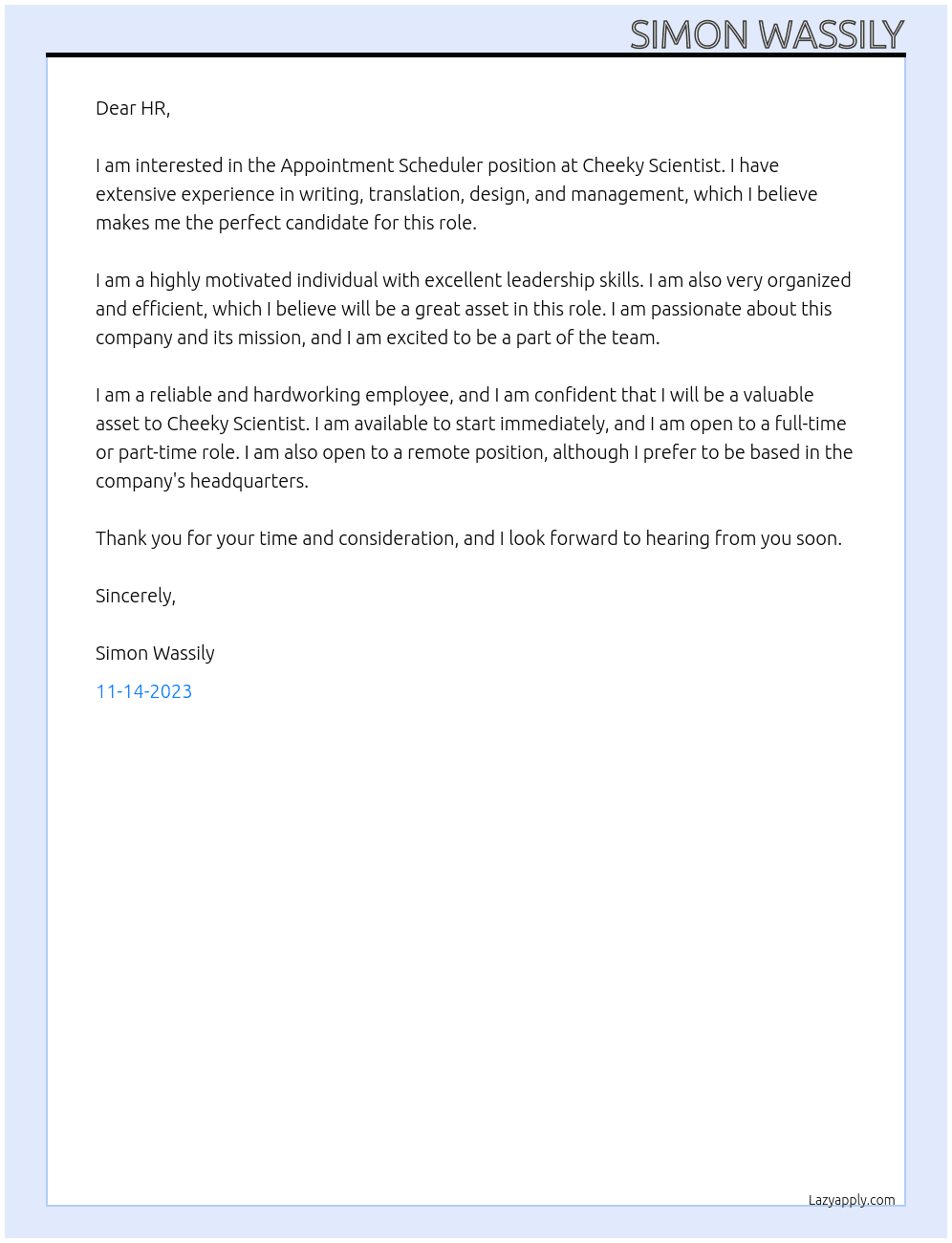 Appointment Scheduler At Cheeky Scientist Cover Letter