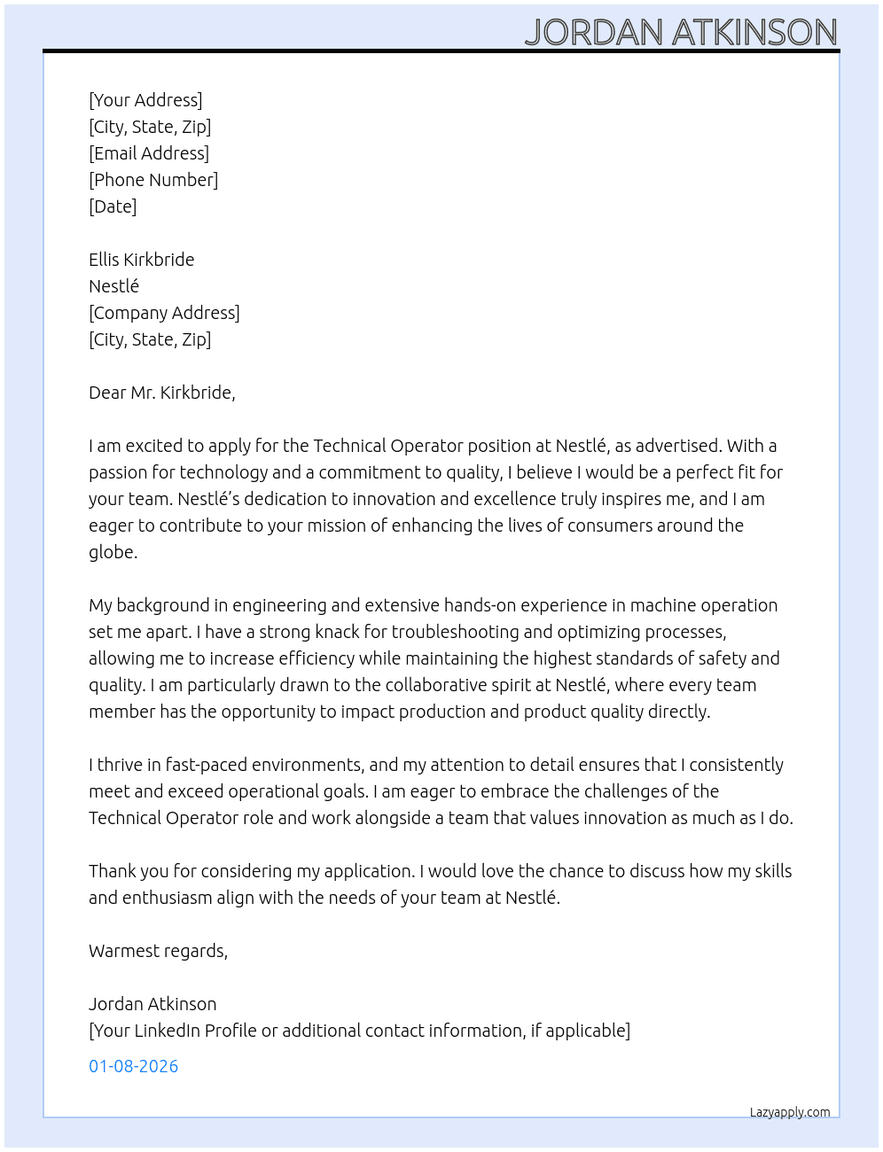 technical operator At Nestle Cover Letter