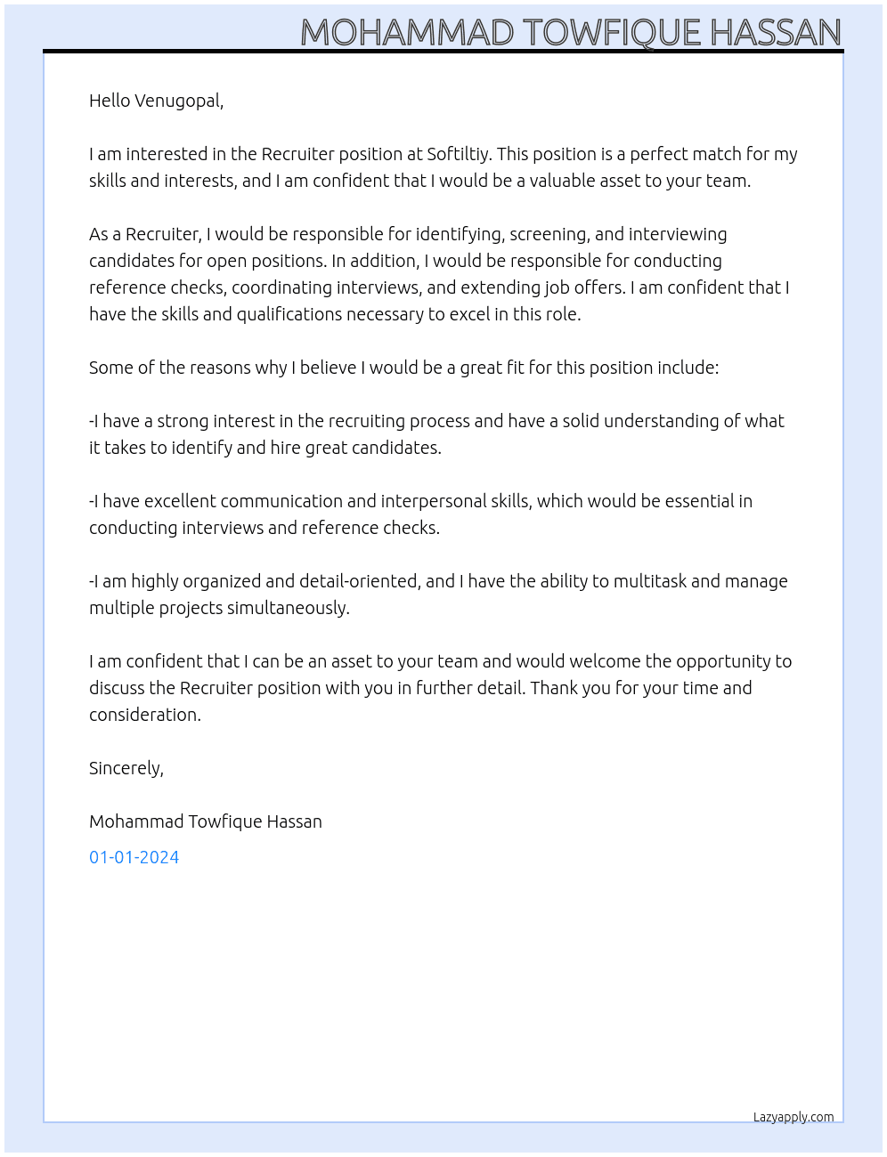 Recruiter At Softiltiy Cover Letter