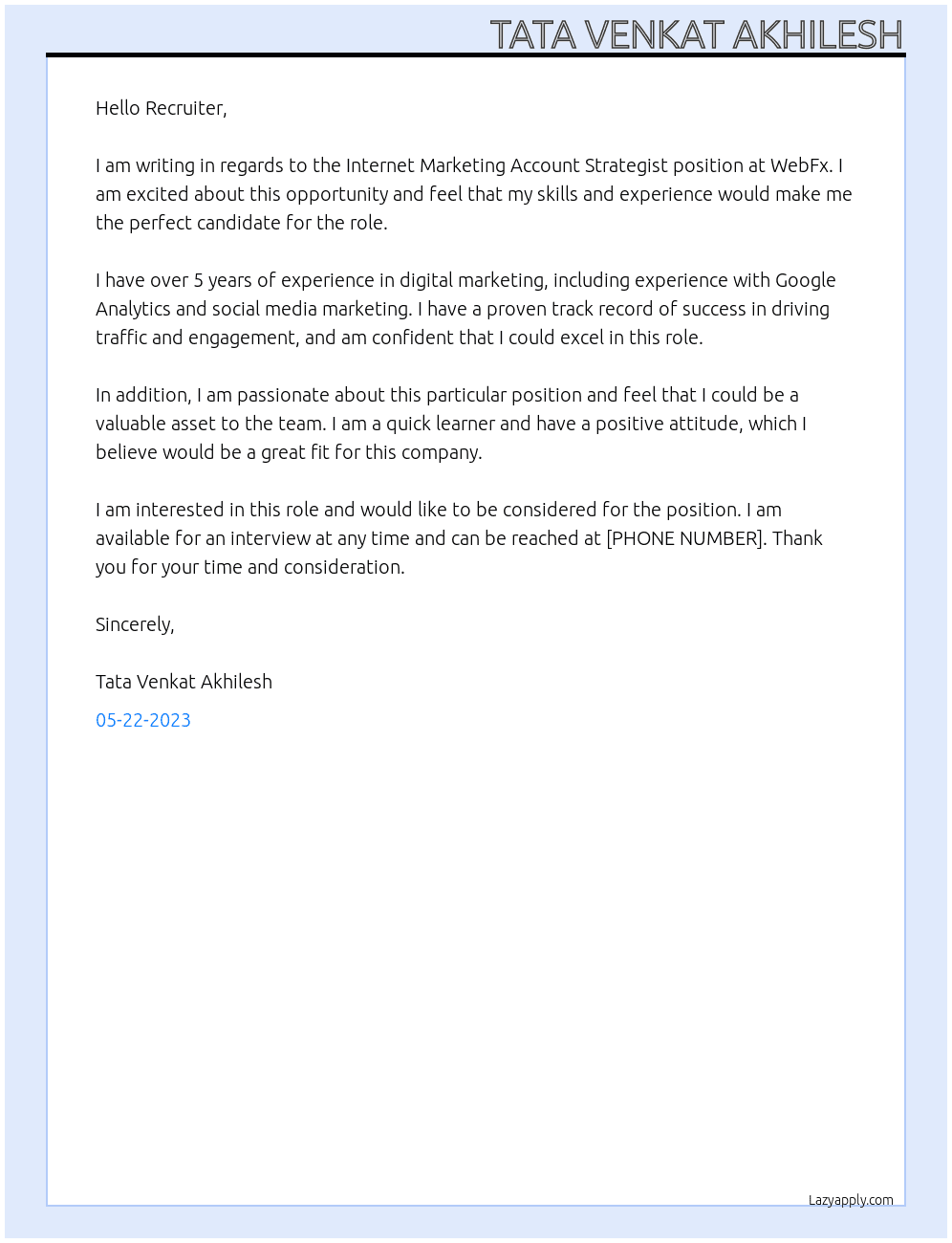 Internet Marketing Account Strategist At WebFx Cover Letter
