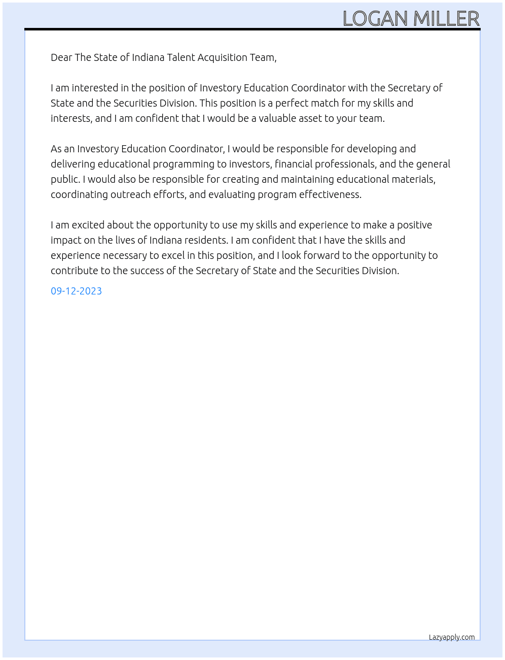 Investory Education Coordinator At Secretary of State and the Securities Division Cover Letter