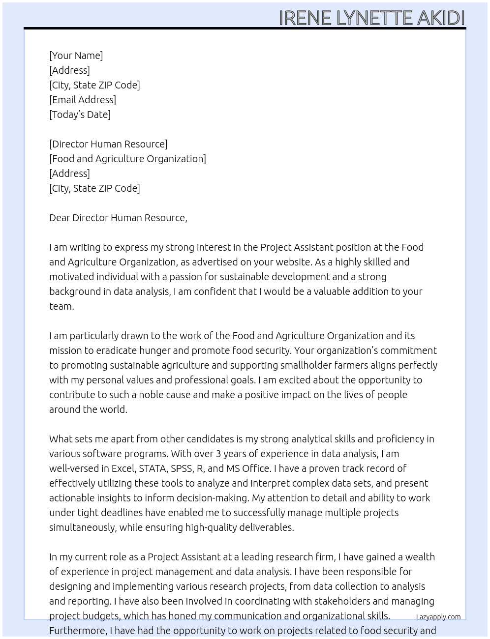 Project Assistant At Food and Agriculture Organisation Cover Letter