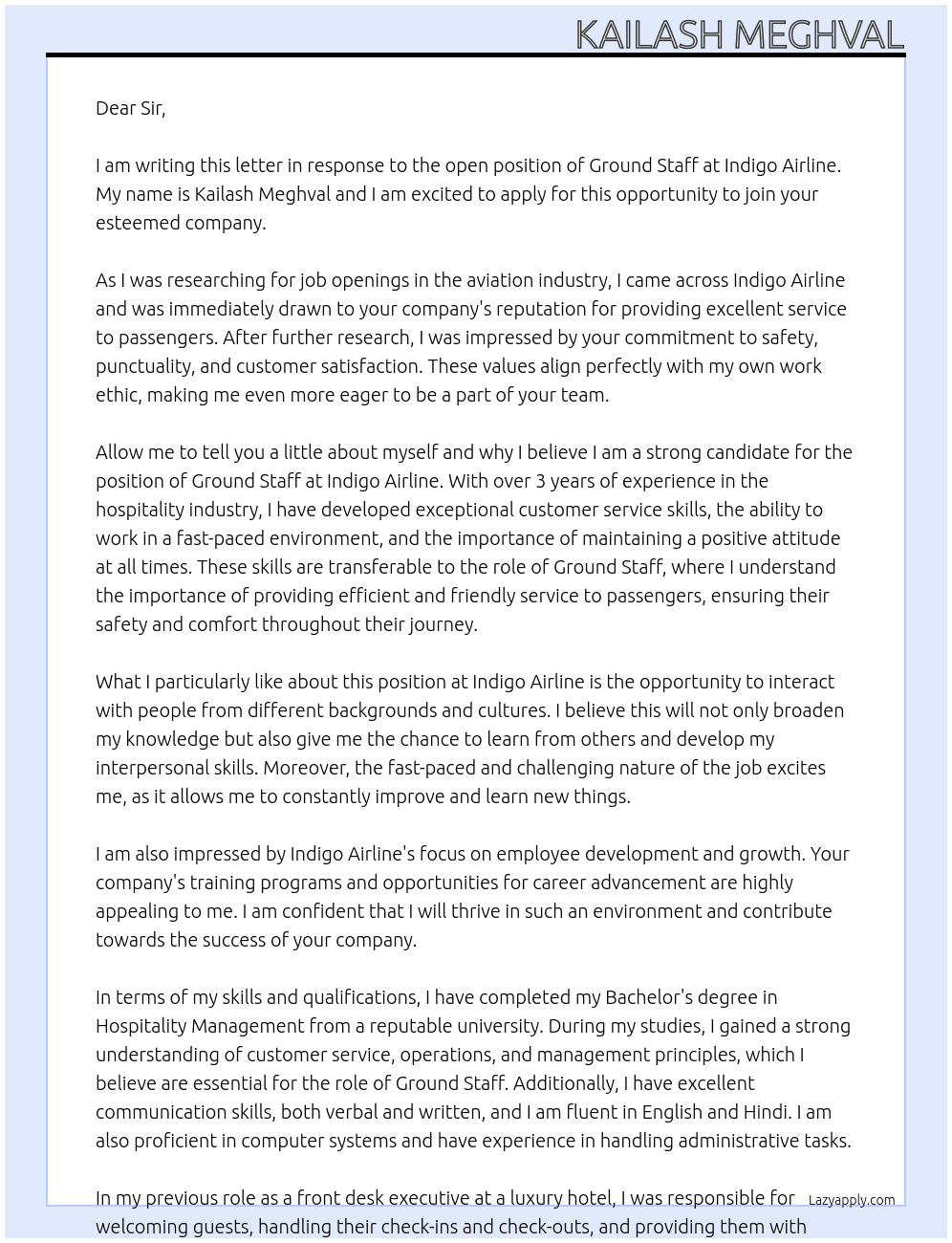 Ground staff At Indigo Airline Cover Letter