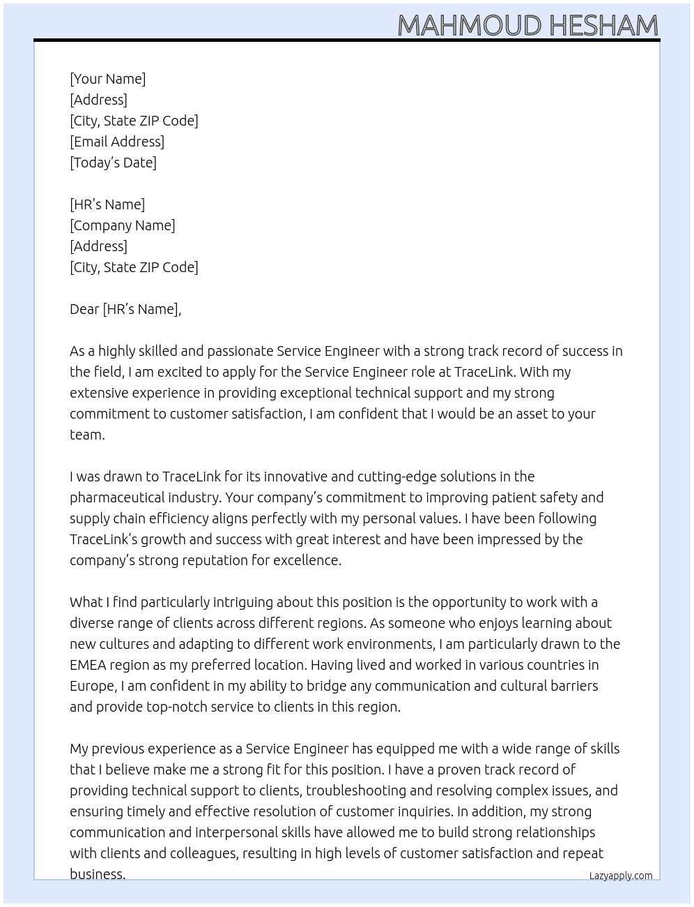 service engineer At TraceLink Cover Letter