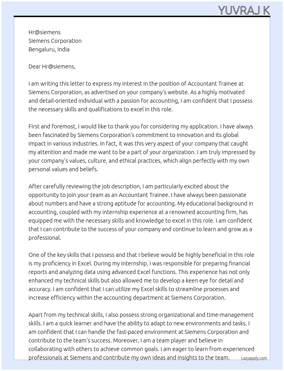 Accountant trainee At Siemens  Cover Letter