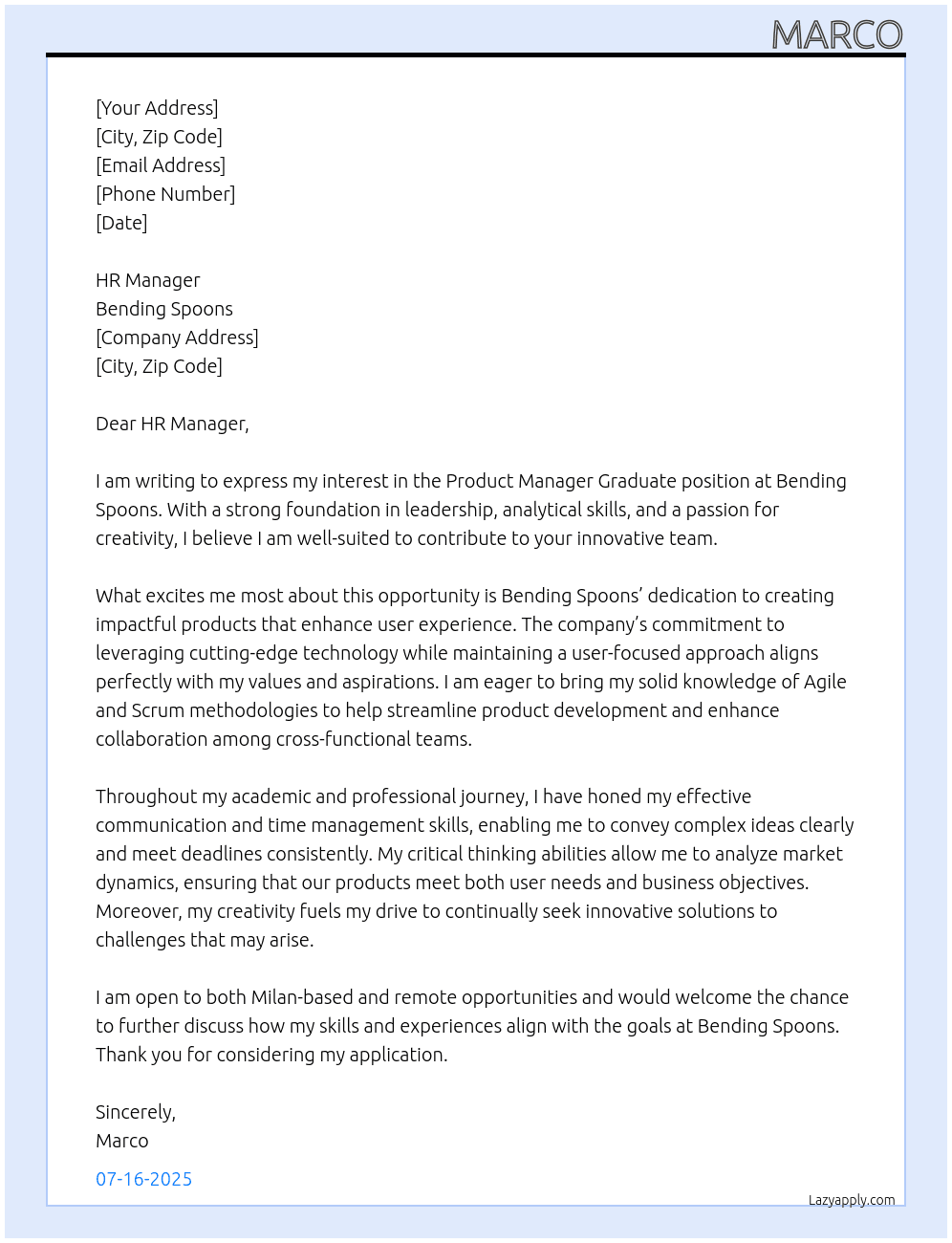 Cover letter for product manager graduate - LazyApply