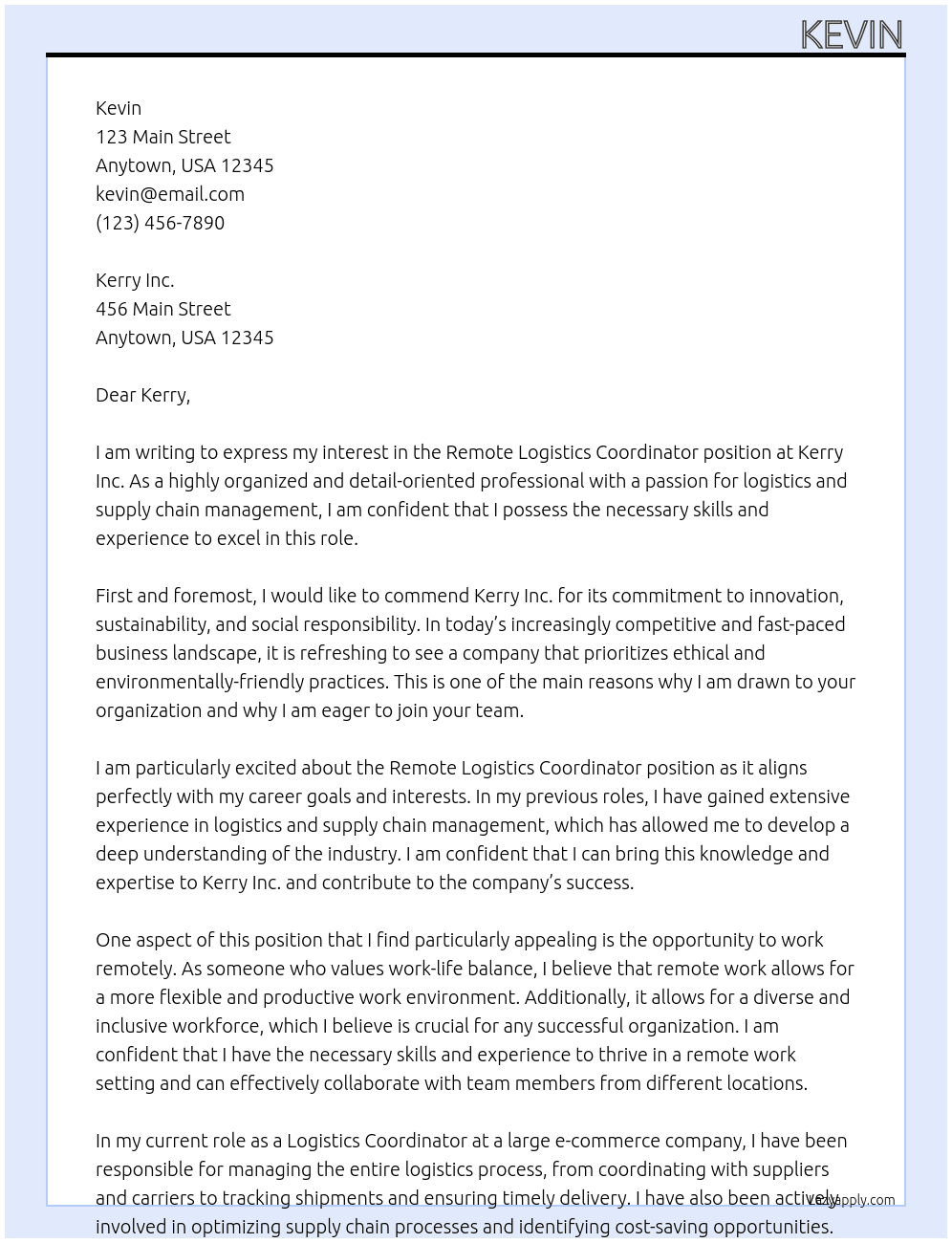Remote Logistics Coordinator At Kerry Inc Cover Letter