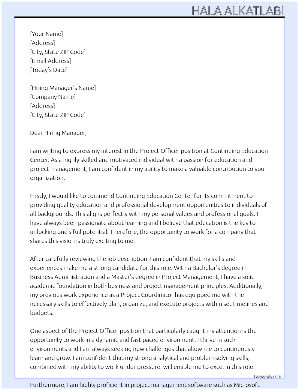 Project Officer At Continuing Education Center Cover Letter