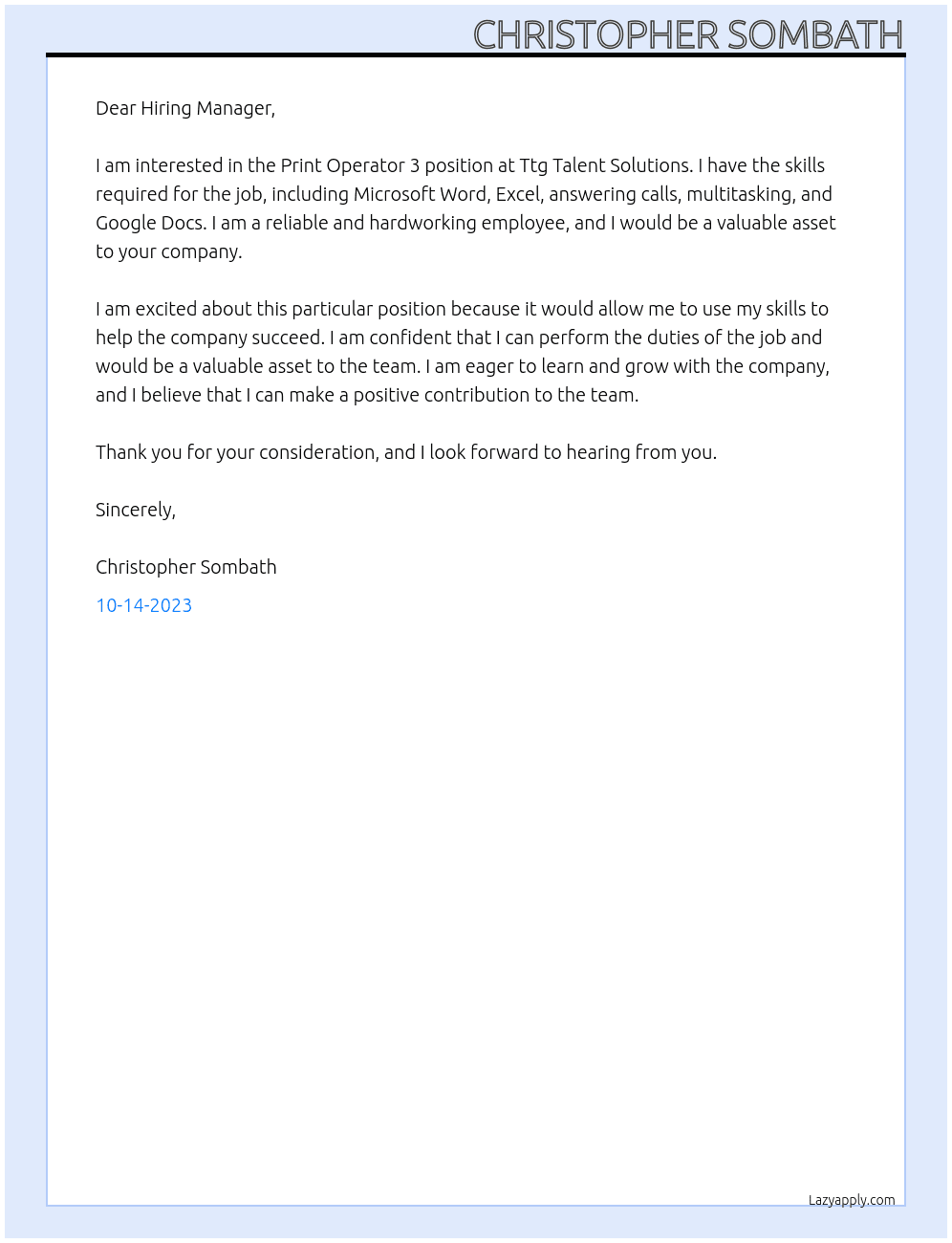 Print Operator 3 At Ttg Talent Solutions Cover Letter