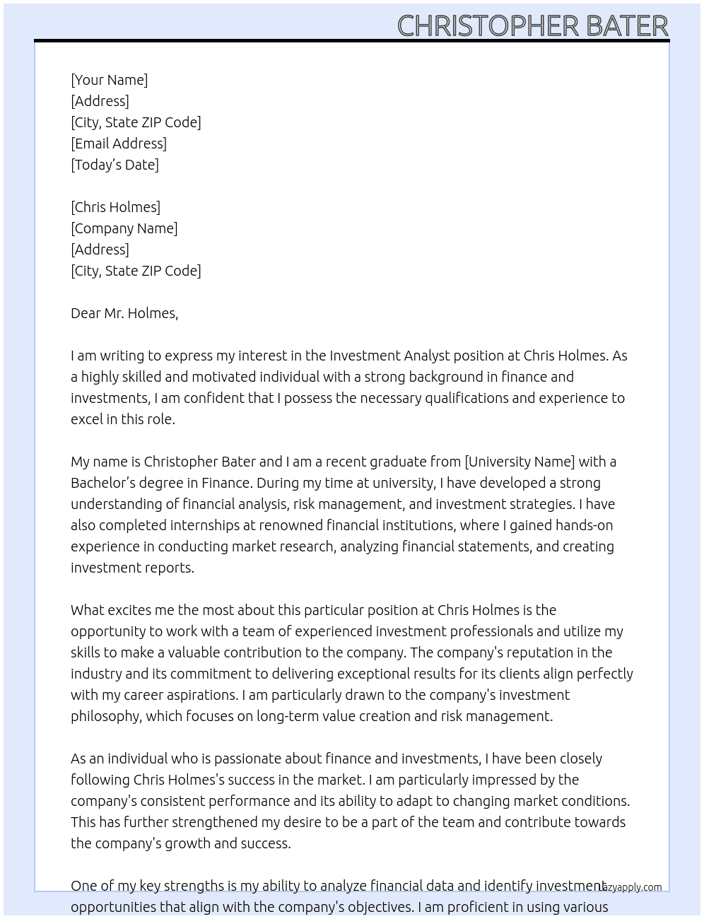 Investment Analyst At Chris Holmes Cover Letter