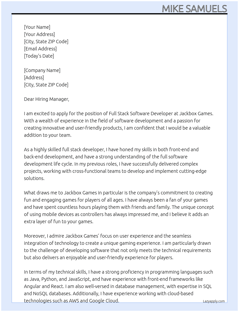 Full stack software developer At Jackbox games Cover Letter