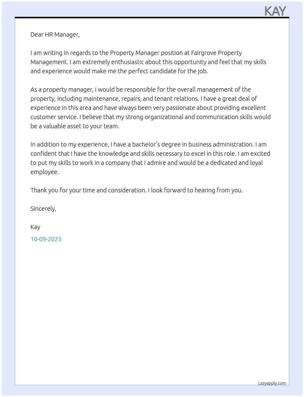 Property Manager At Fairgrove Property Management Cover Letter