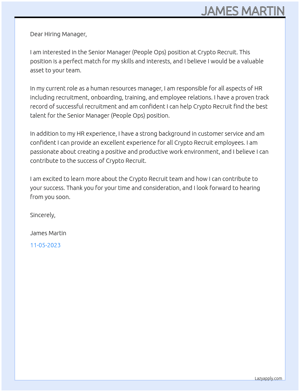 Senior Manager (People Ops) At Crypto Recruit Cover Letter