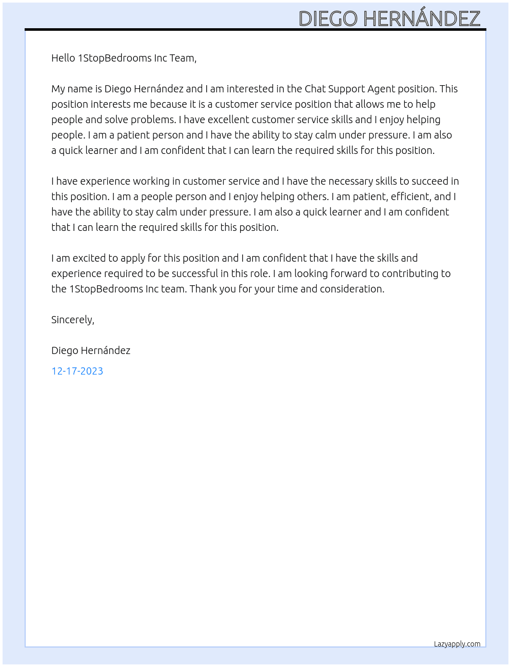 Chat Support Agent At 1StopBedrooms Inc. Cover Letter