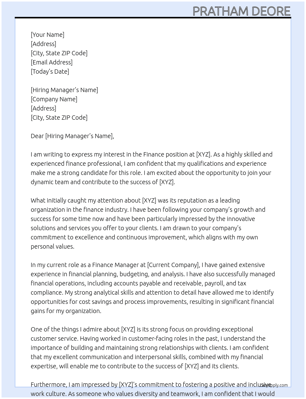 Finance At (XYZ) Cover Letter