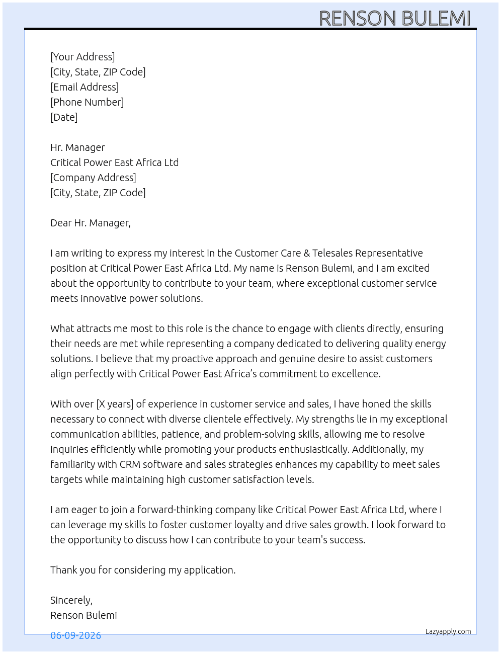 Customer Care & Telesales Representative At Critical power East Africa Ltd  Cover Letter