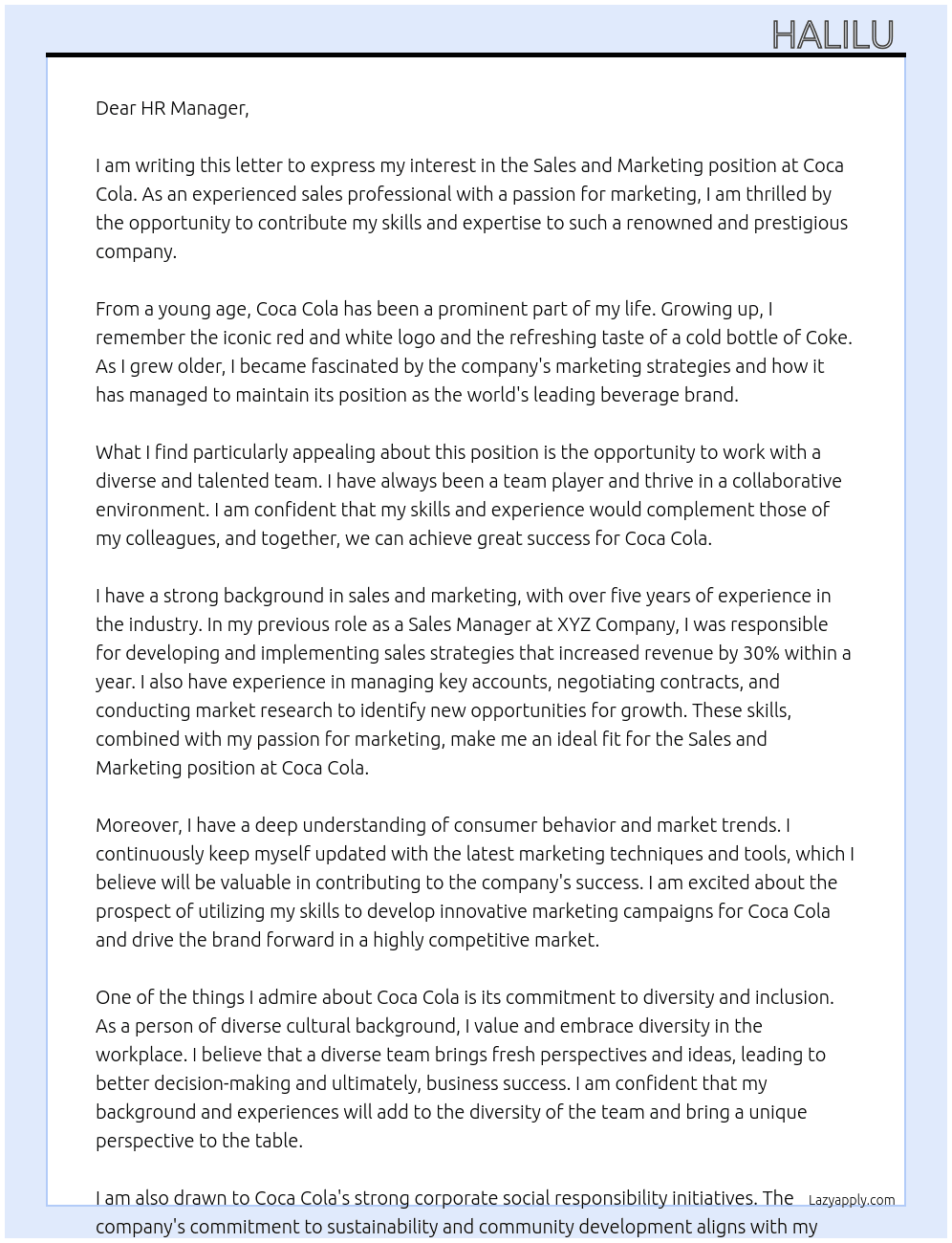 Sales and marketing  At Coca cola  Cover Letter