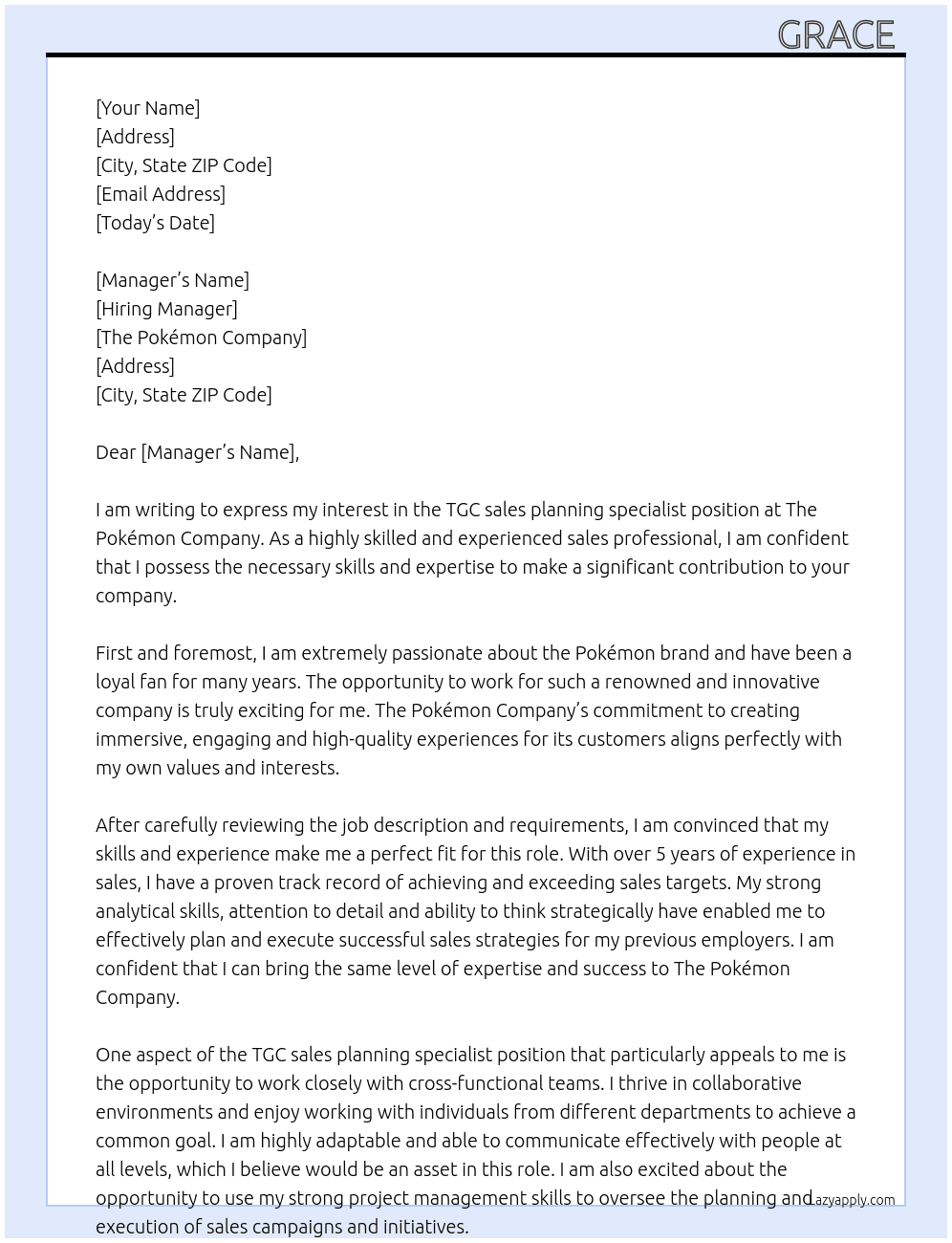 TGC sales planning specialist  At The Pokémon company  Cover Letter