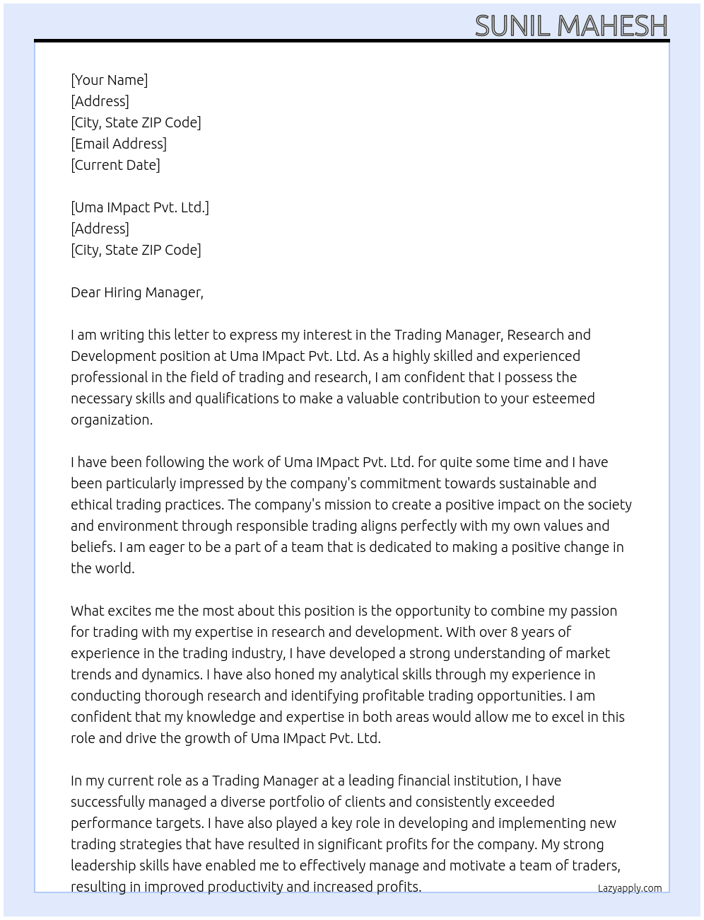 Trading Manager, Research and Development At Uma IMpact Pvt. Ltd. Cover Letter