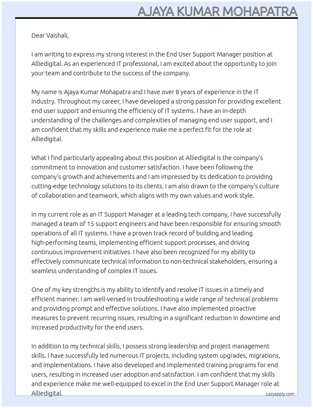 End User Support Manager At Alliedigital Cover Letter