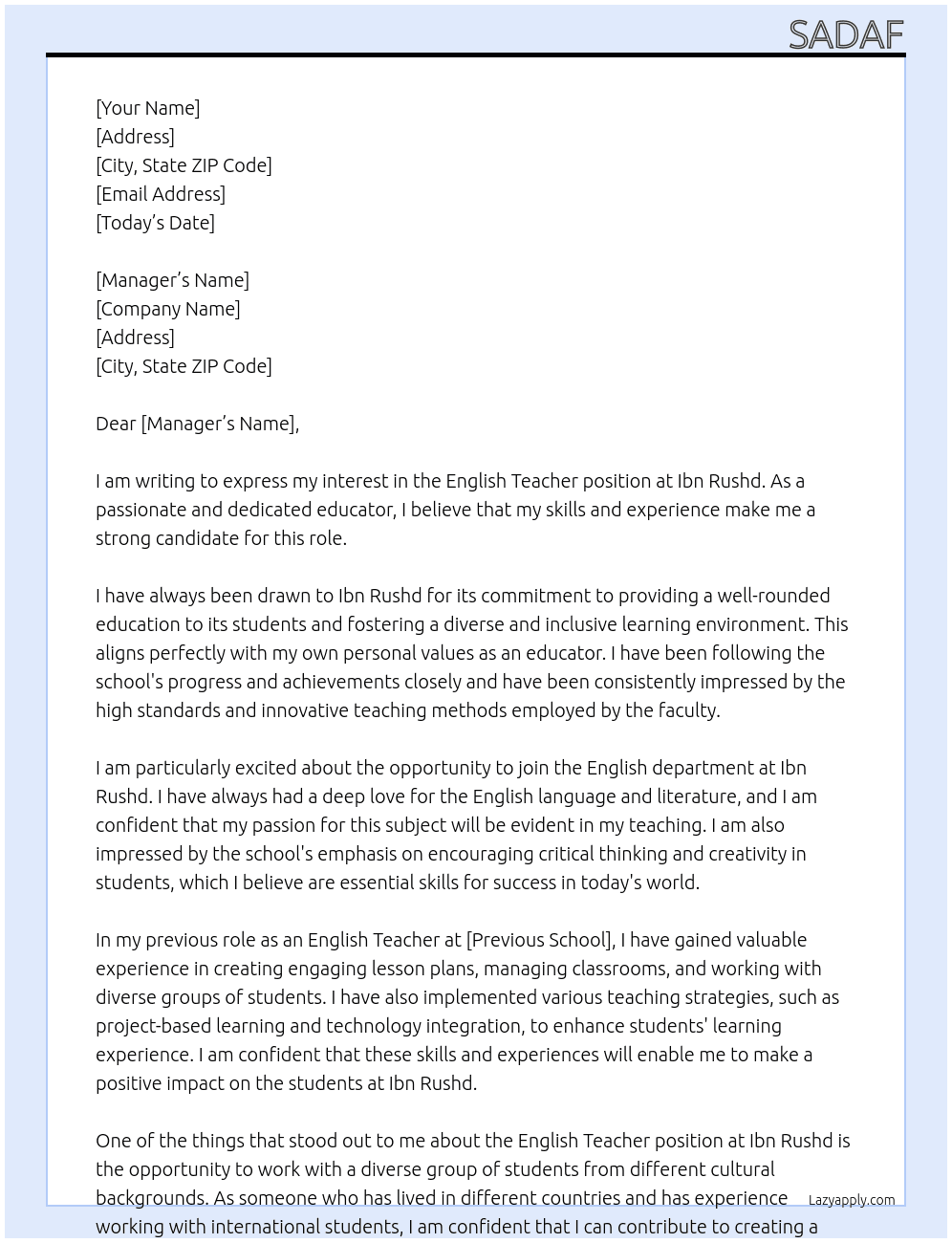 English Teacher At Ibn Rushd Cover Letter