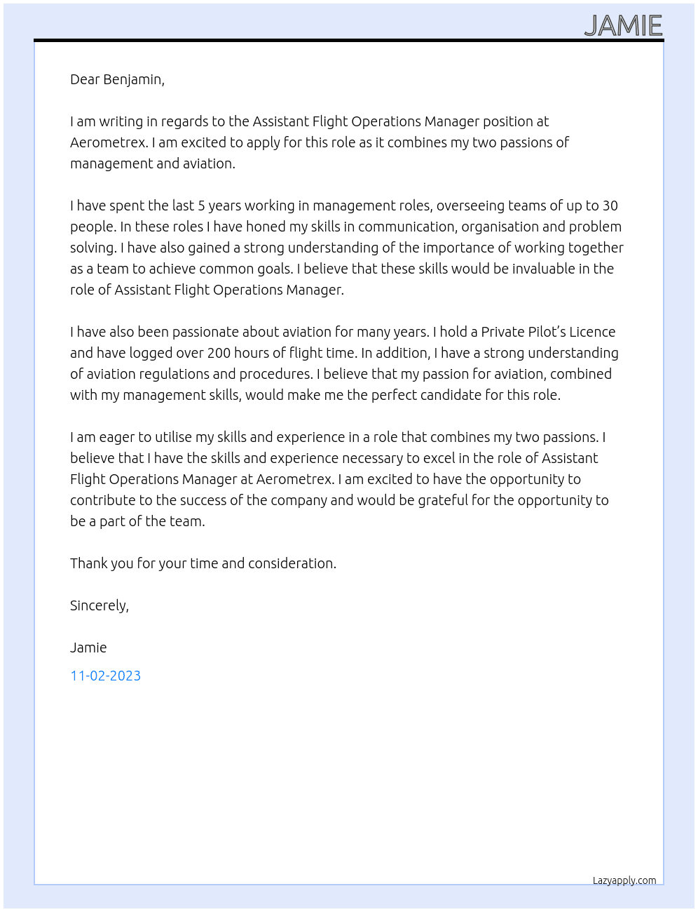 Assistant Flight Operations Manager At Aerometrex Cover Letter