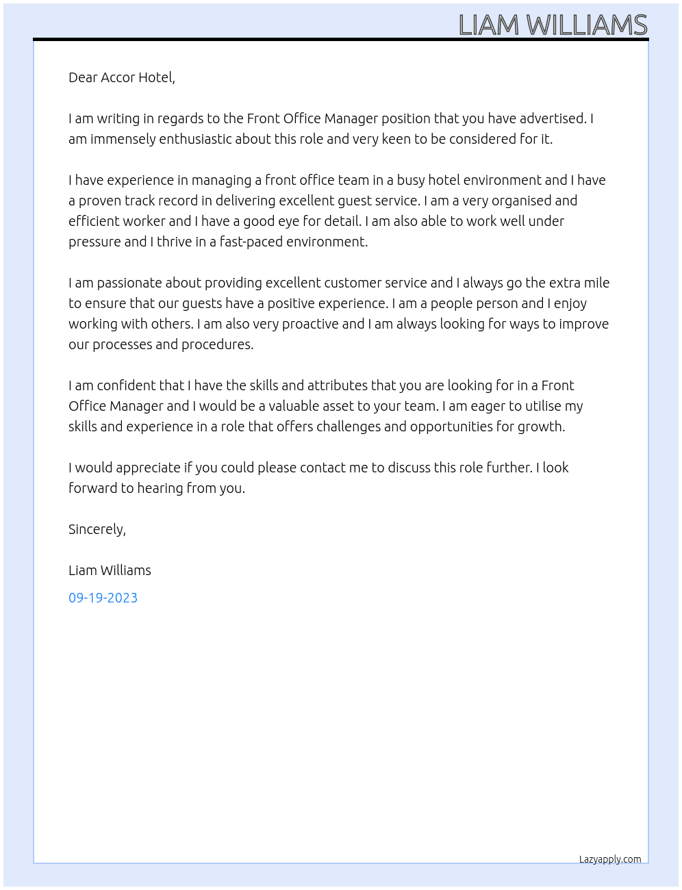 Front office manager At Accor Cover Letter