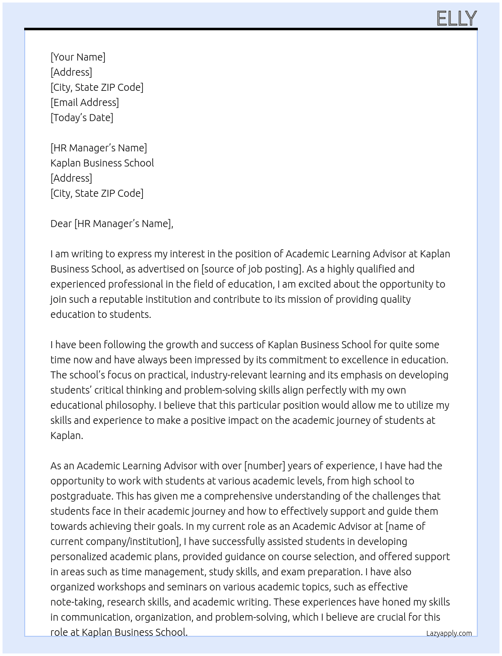 Academic Learning Advisor  At Kaplan Business School Cover Letter