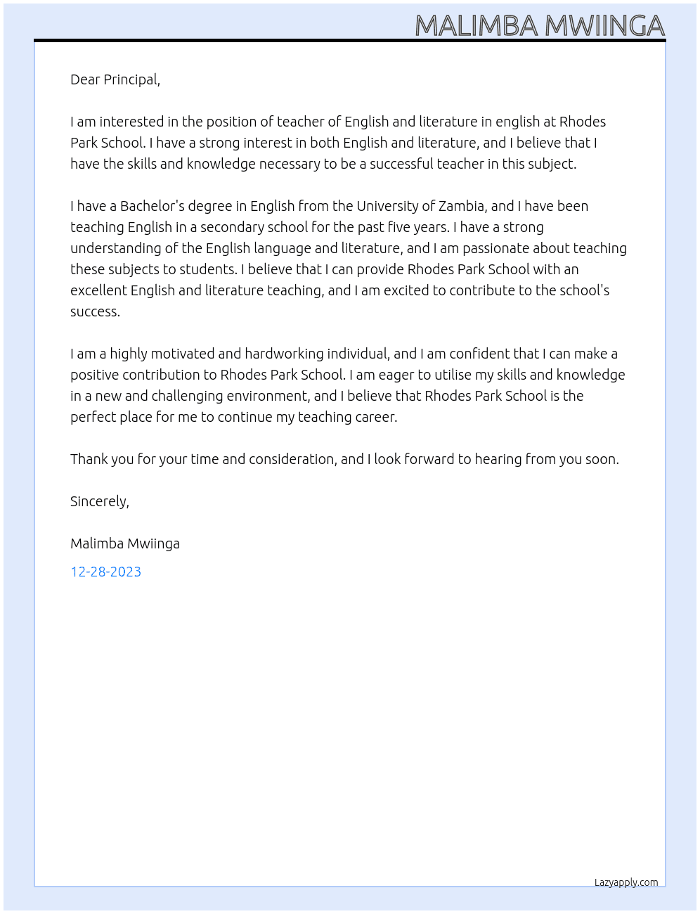 teacher of English and literature in english At Rhodes Park School Cover Letter
