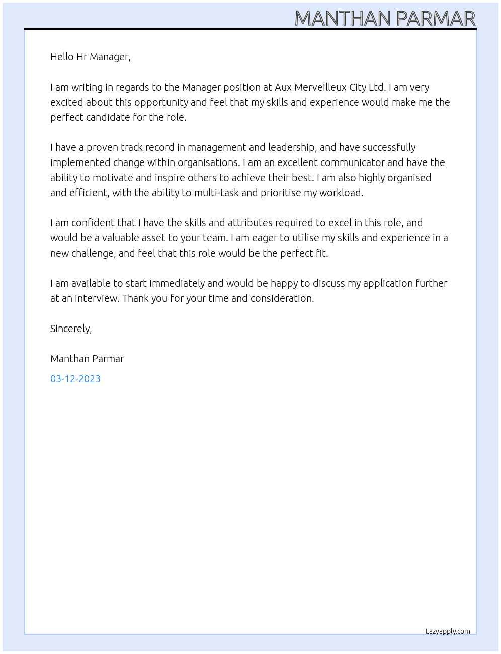 Manager At Aux Merveilleux City Ltd Cover Letter