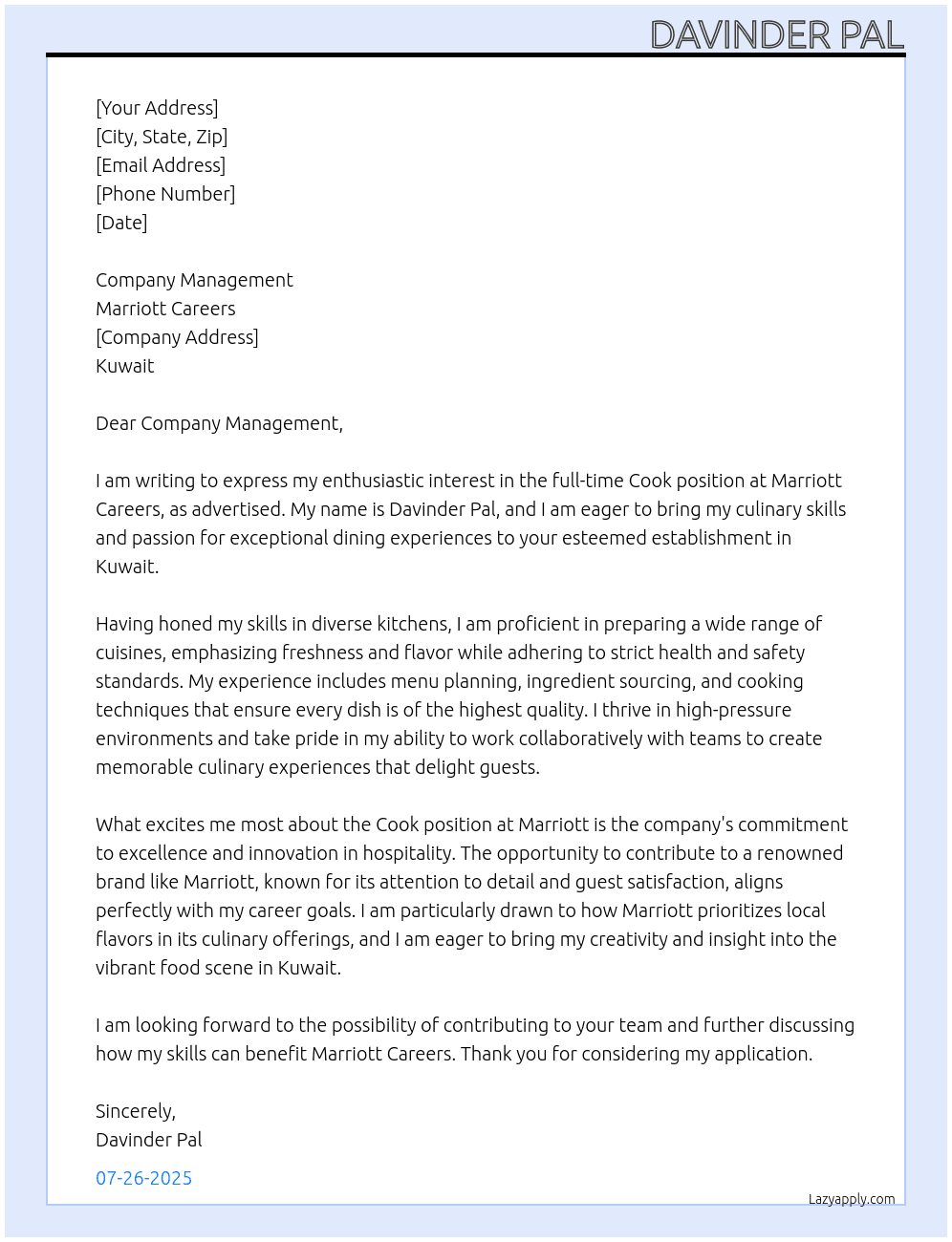 Cook  At Marriott carees Cover Letter