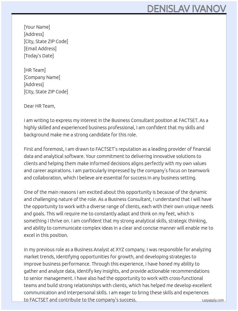Business Consultant At FACTSET Cover Letter