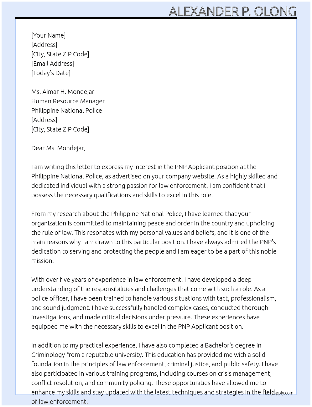 PNP Applicant At Philippine National Police Cover Letter