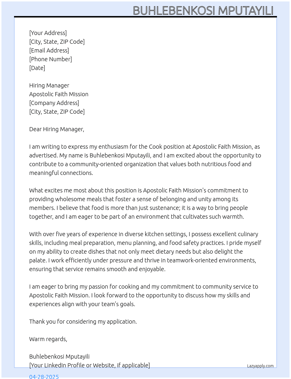 Cook At Apostolic Faith Mission  Cover Letter